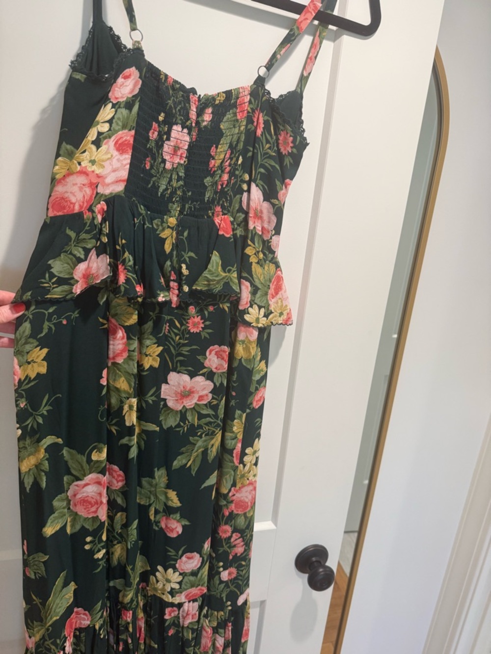 Reformation Dark Green Maxi Dress with Pink Floral Print - Picture 7 of 9